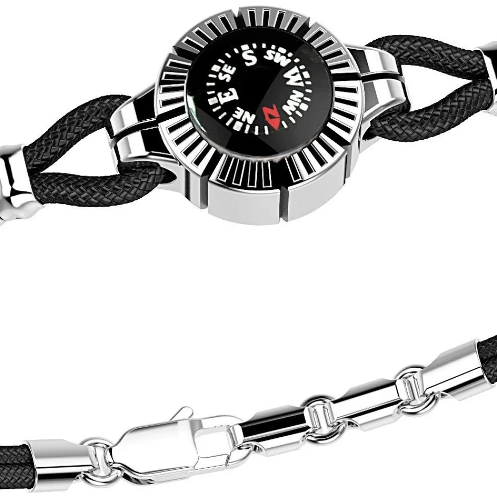 Outlet A Zancan Silver And Black Kevlar Bracelet With A Compass On A Black Background. Bracelets