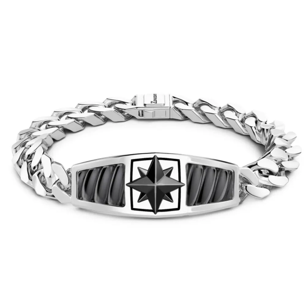 Discount Bracelet Zancan En Argent Avec Maille Gourmette Et Plaque Avec Rose Des Vents En Ceramique. Bracelets