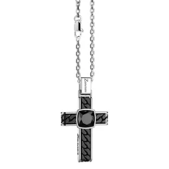 Cheap Silver Necklace With Cross Pendant And Square Onyx. Colliers
