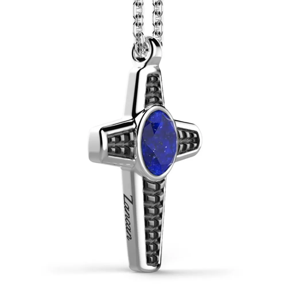 Hot Silver Necklace With Lapis Lazuli Cross Pendant. Colliers