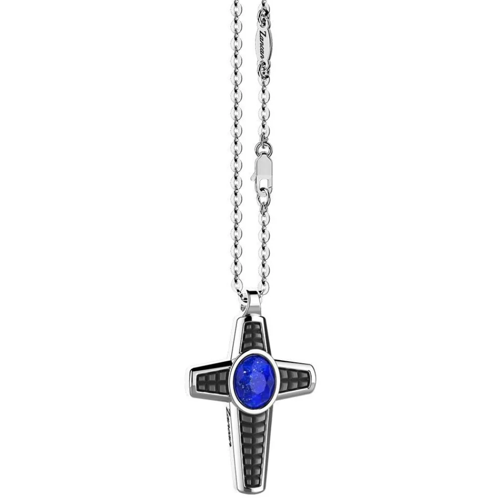 Hot Silver Necklace With Lapis Lazuli Cross Pendant. Colliers