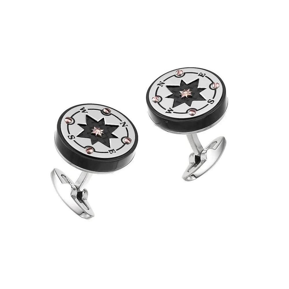 Outlet Zancan Black Steel Cufflinks With Wind Rose. Boutons De Manchette