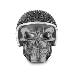 Sale Zancan Burnished Silver Biker Skull Ring With Black Stones. Bagues