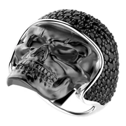 Sale Zancan Burnished Silver Biker Skull Ring With Black Stones. Bagues