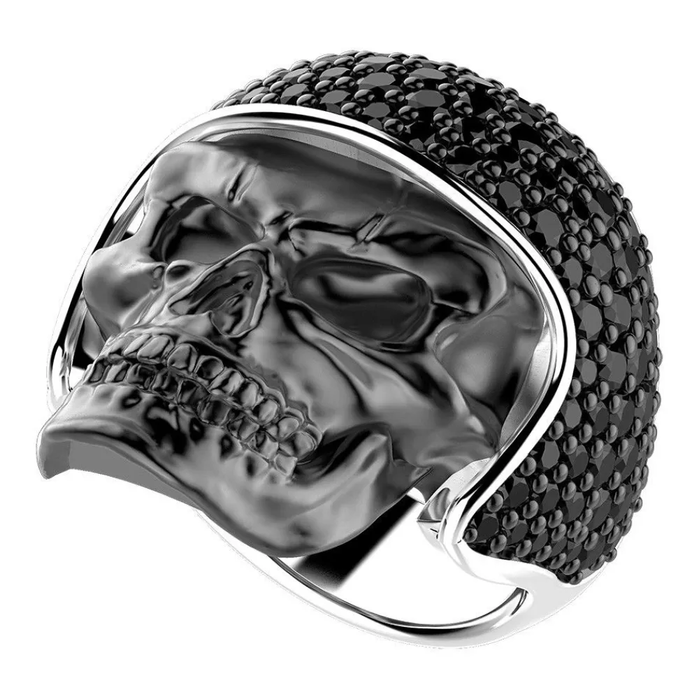 Sale Zancan Burnished Silver Biker Skull Ring With Black Stones. Bagues