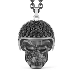 Discount Zancan Burnished Silver Necklace With Biker Skull Pendant With Black Stones. Colliers