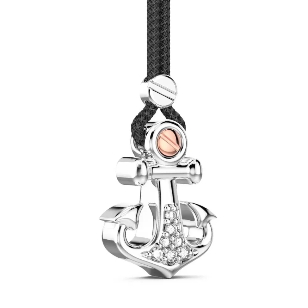 Shop Zancan Kevlar Necklace With Silver Anchor Pendant And White Stones. Colliers