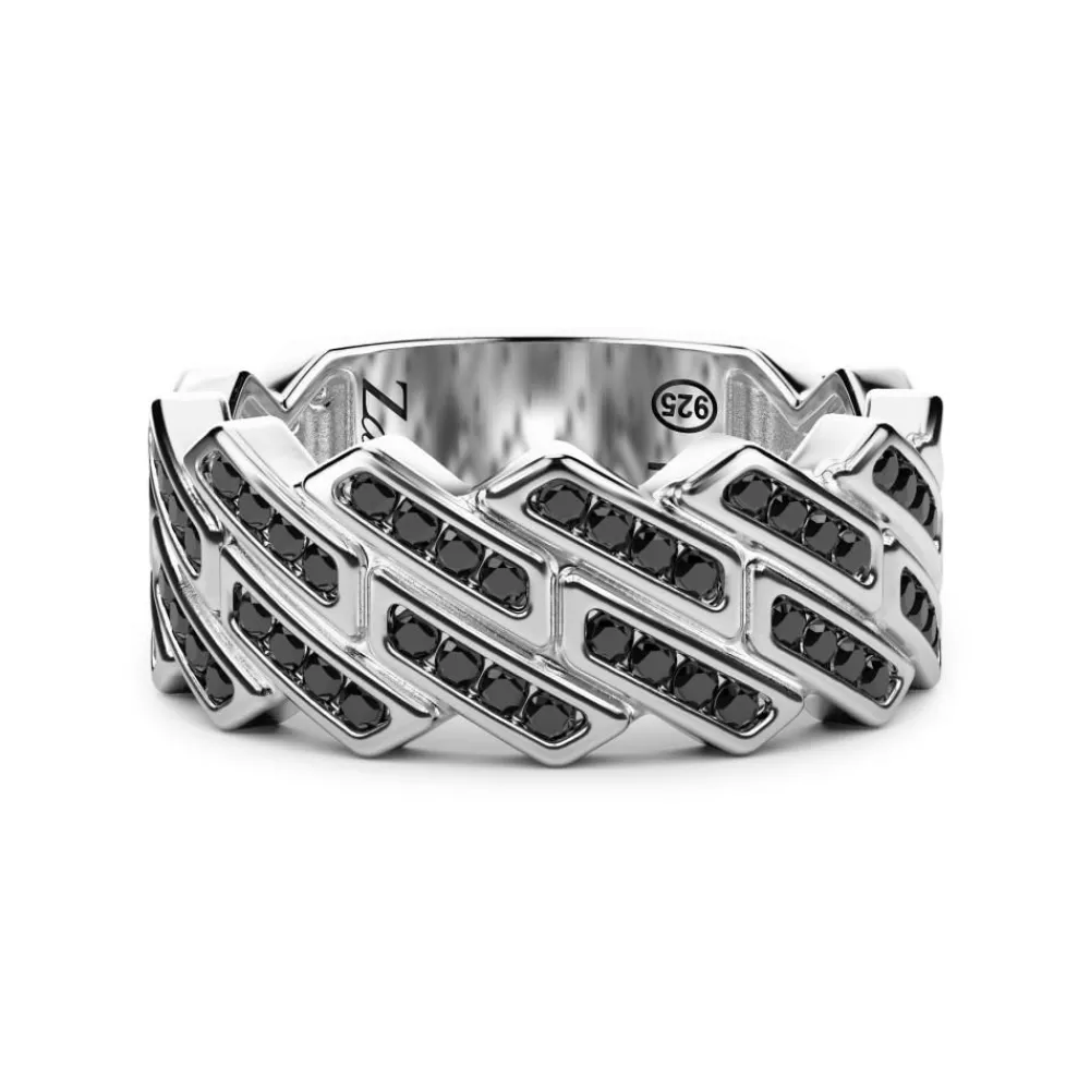 Hot Zancan Silver Band Ring With Black Stones. Bagues