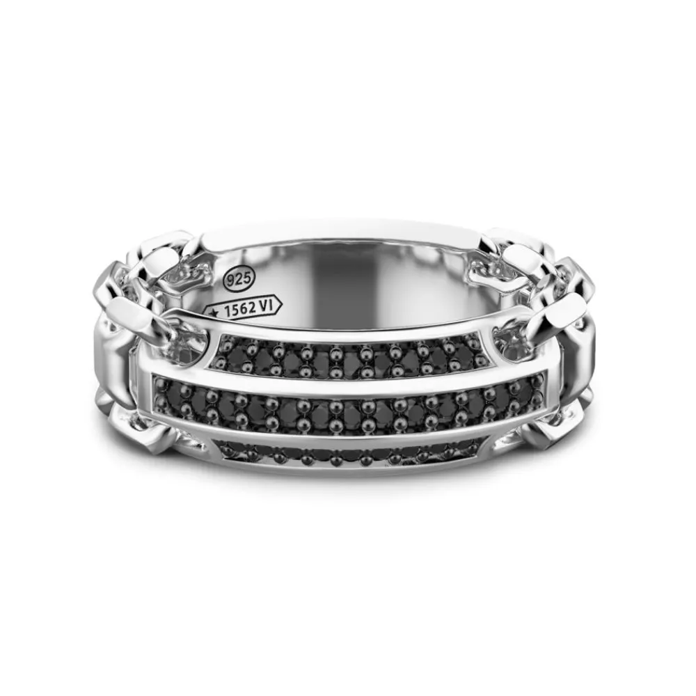 Hot Zancan Silver Band Ring With Black Stones. Bagues
