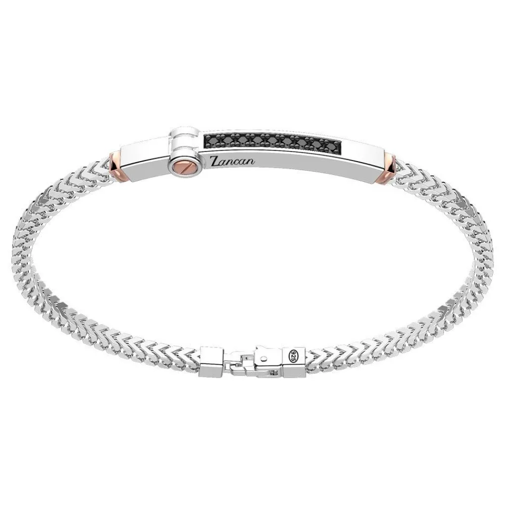 Fashion Zancan Silver Bracelet With Tag And Rose Gold Inserts And Black Stones. Bracelets