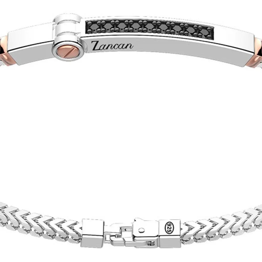 Fashion Zancan Silver Bracelet With Tag And Rose Gold Inserts And Black Stones. Bracelets