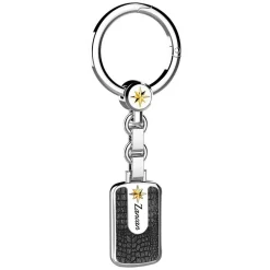 Shop Zancan Silver Curb Chain Keychain With Leather Effect Tag. Porte-clés