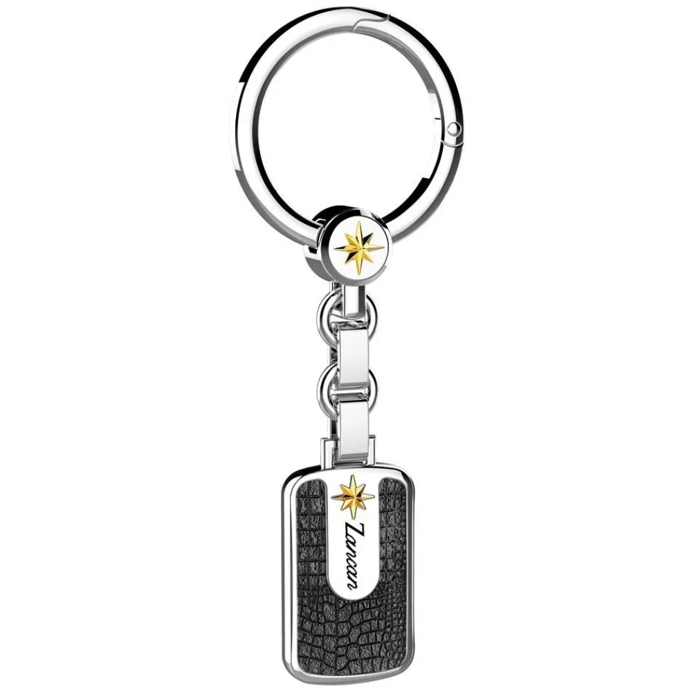 Shop Zancan Silver Curb Chain Keychain With Leather Effect Tag. Porte-clés