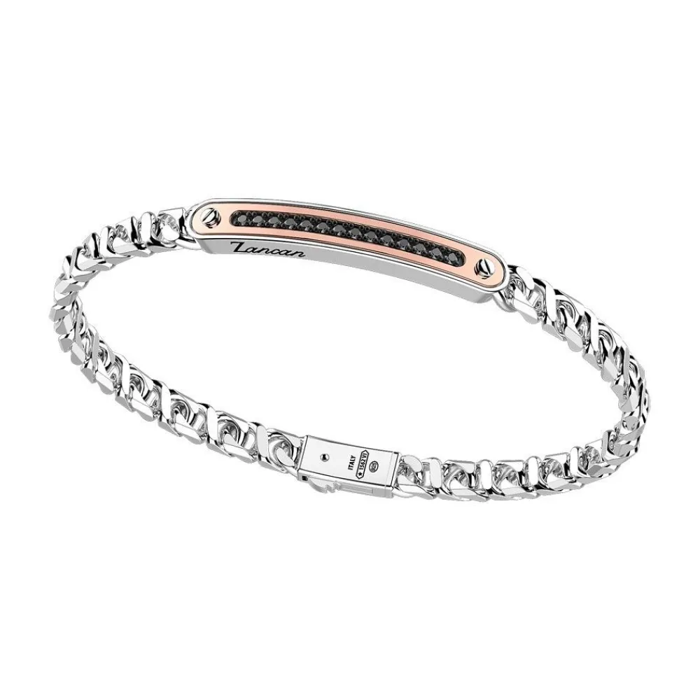 Online Zancan Silver Curb Chain Bracelet With Tag And Rose Gold Inserts And Black Stones. Bracelets