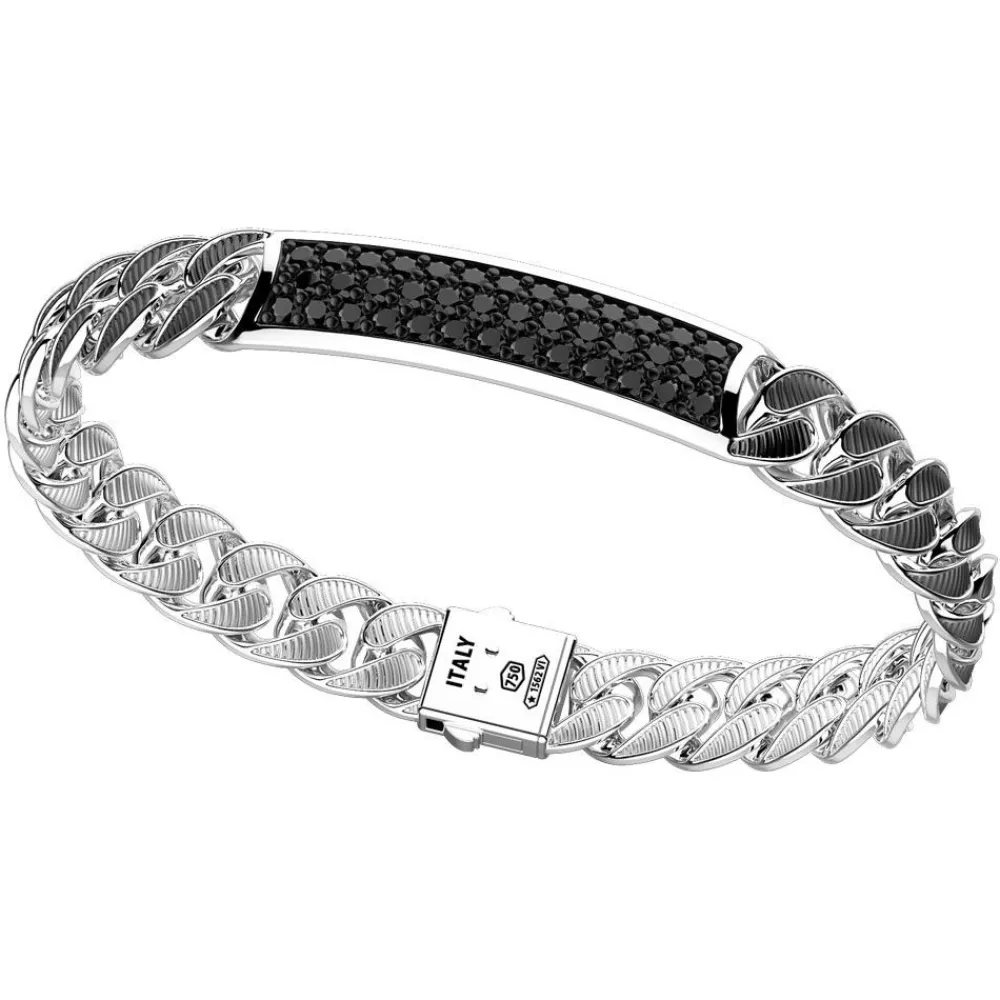 Store Zancan Silver Curb Chain Bracelet With Striated Finish And Tag With Black Stones. Bracelets