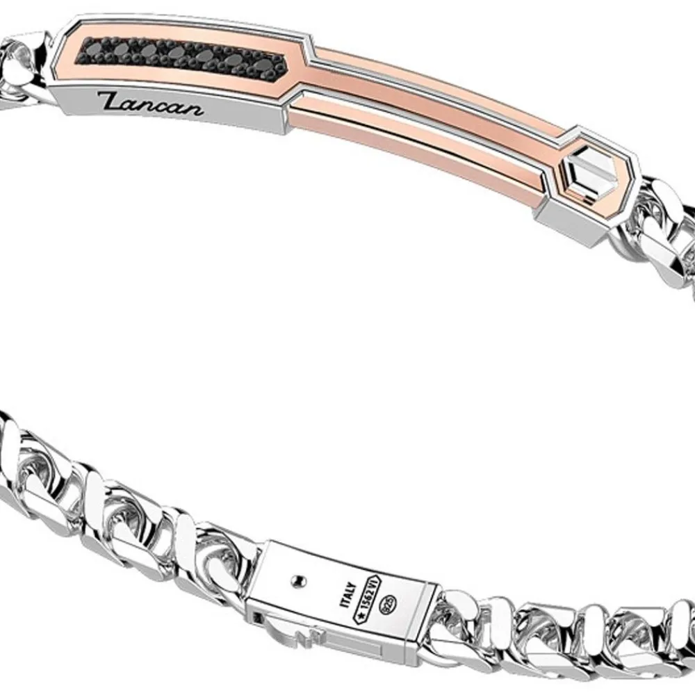 Cheap Zancan Silver Curb Chain Bracelet With Tag And Rose Gold Inserts And Black Stones. Bracelets