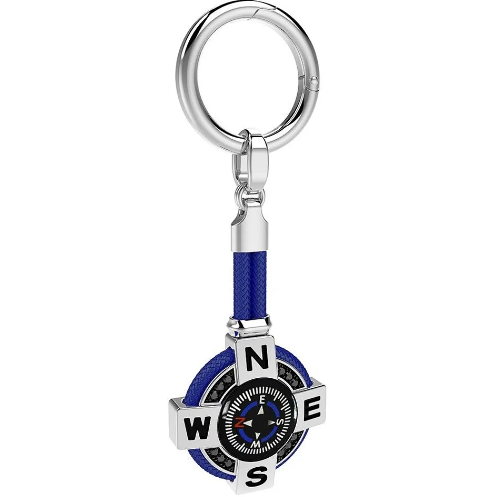 New Zancan Silver Keychain With A Black Compass And Black Spinels. Porte-clés
