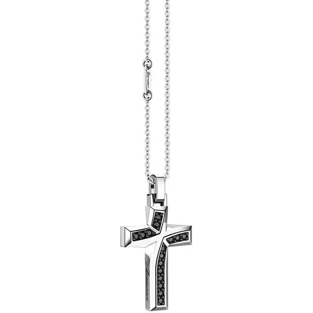 Fashion Zancan Silver Necklace With Cross Pendant And Black Stones. Colliers