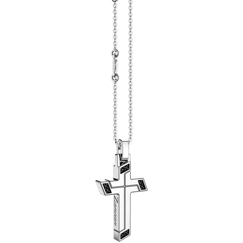 Clearance Zancan Silver Necklace With Cross Pendant And Black Stones. Colliers