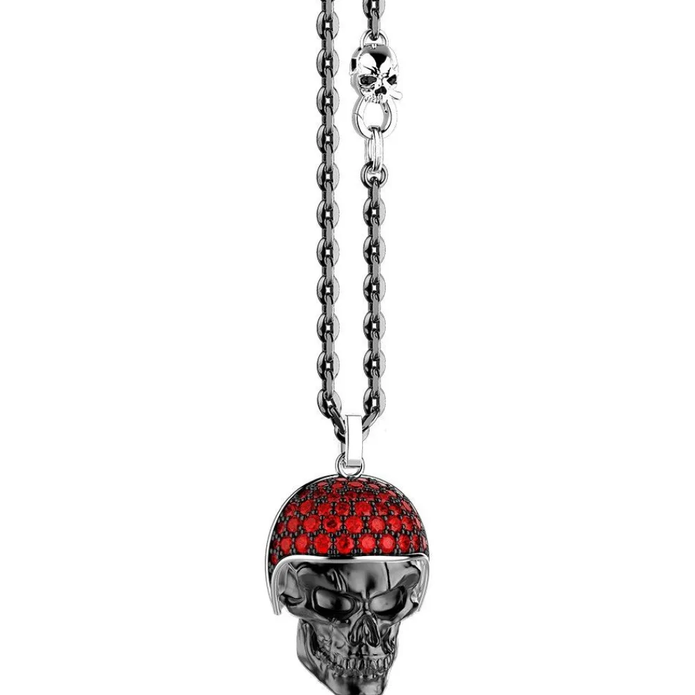 Sale Zancan Silver Necklace With Biker Skull Pendant With Red Stones. Colliers