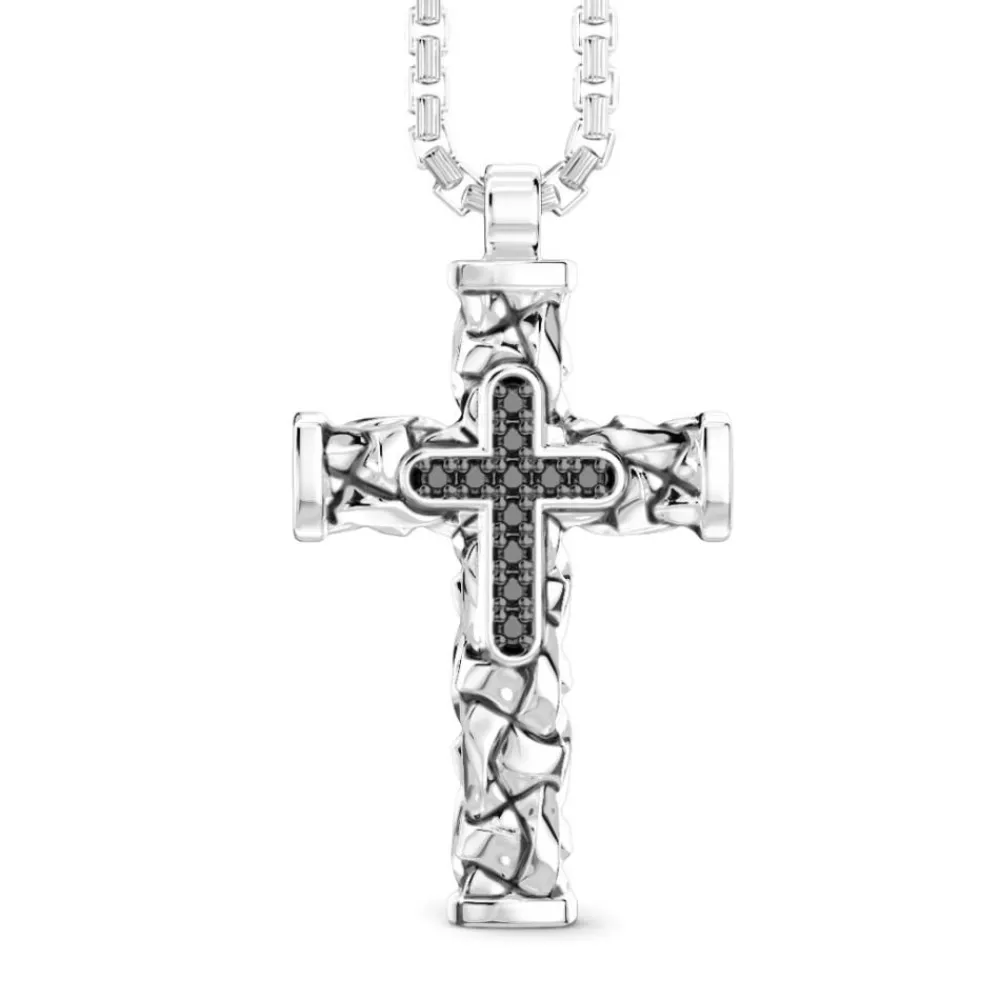 Hot Zancan Silver Necklace With Cross Pendant And Black Stones. Colliers
