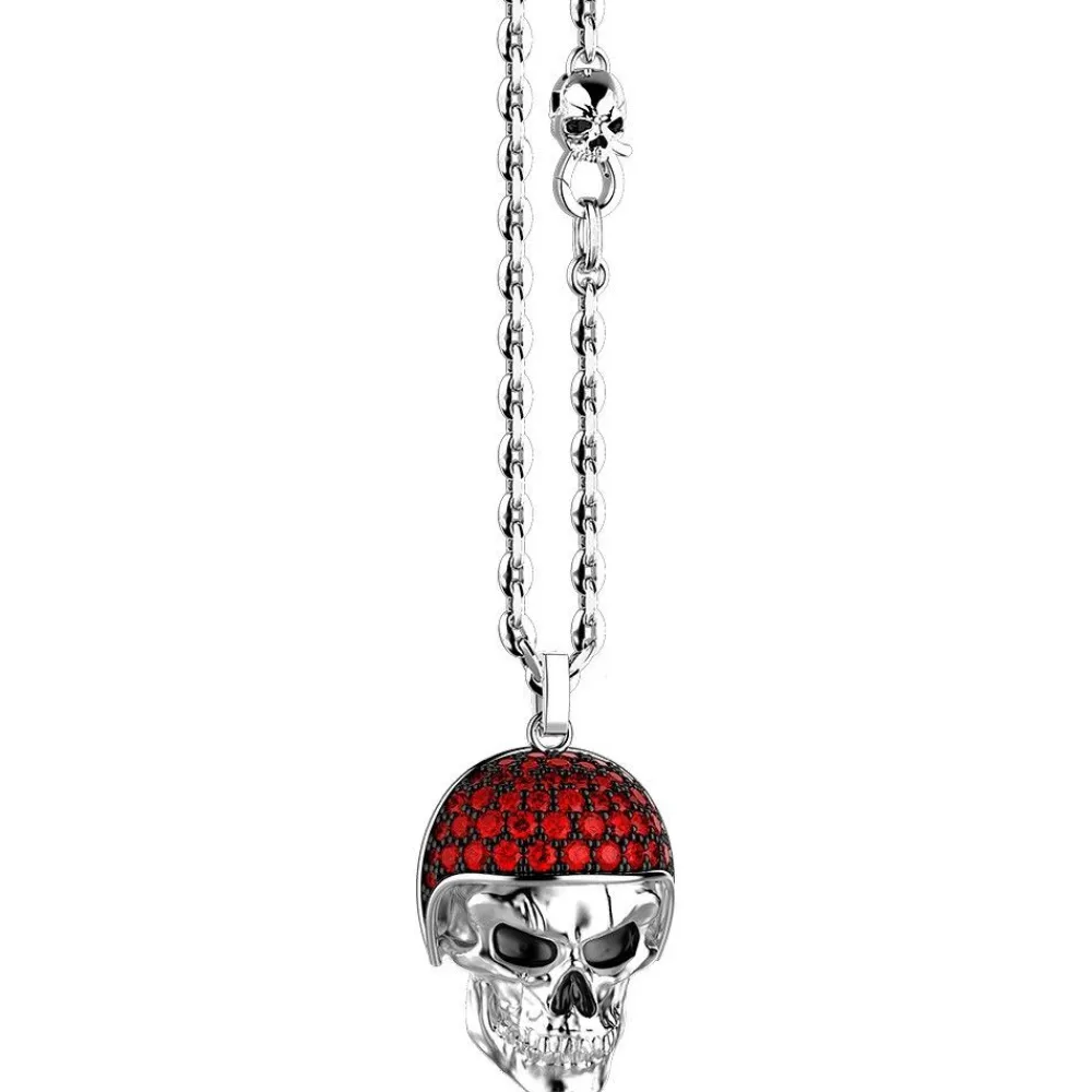 Cheap Zancan Silver Necklace With Biker Skull Pendant With Red Stones. Colliers