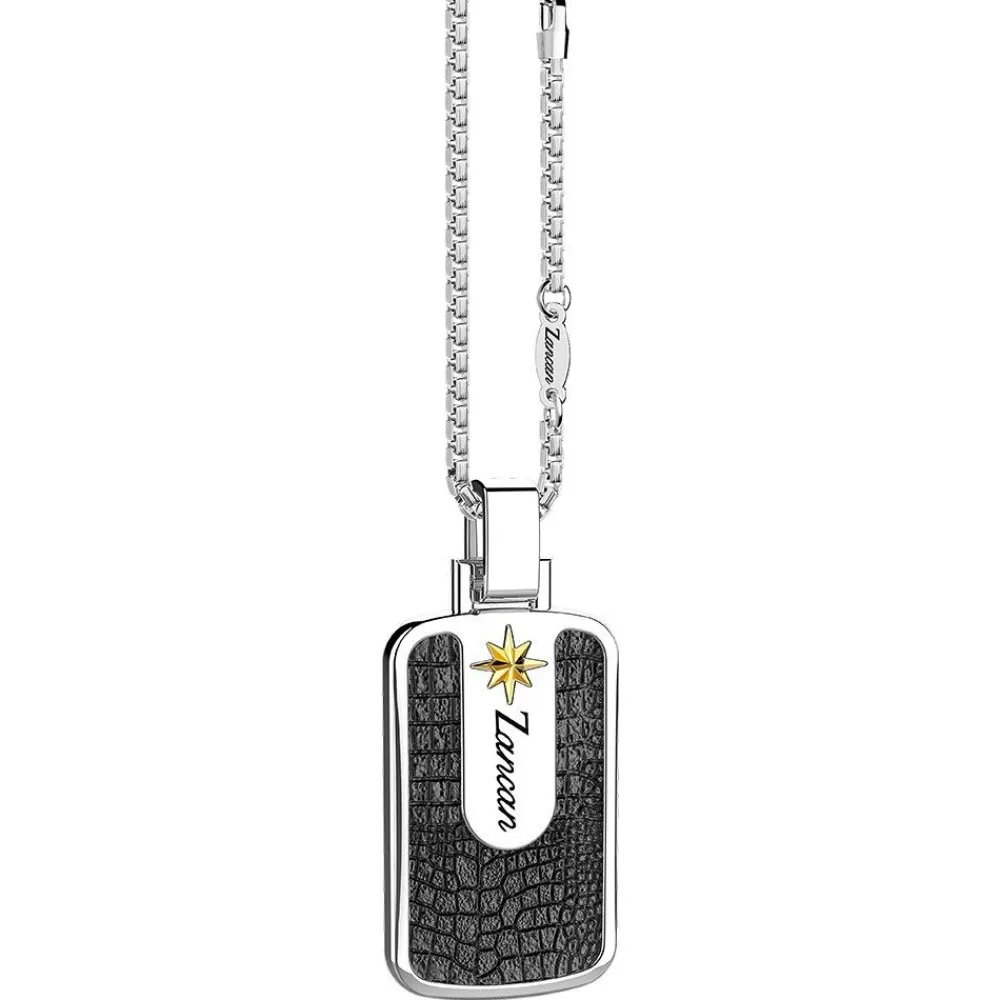 Discount Zancan Silver Necklace With Leather Effect Tag Pendant. Colliers