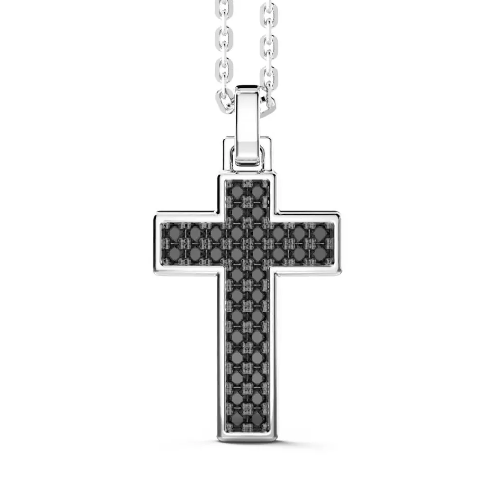 Fashion Zancan Silver Necklace With Cross Pendant And Black Stones. Colliers