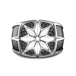 Hot Zancan Silver Ring With Engraved Wind Rose And Black Stones. Bagues