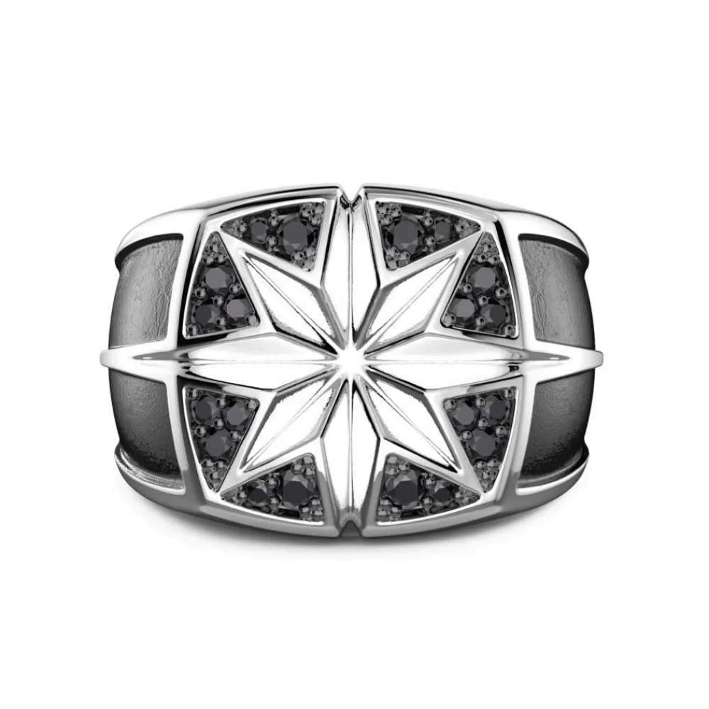 Hot Zancan Silver Ring With Engraved Wind Rose And Black Stones. Bagues